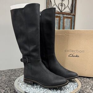 Clarks Black Knee-High Leather Riding Boots